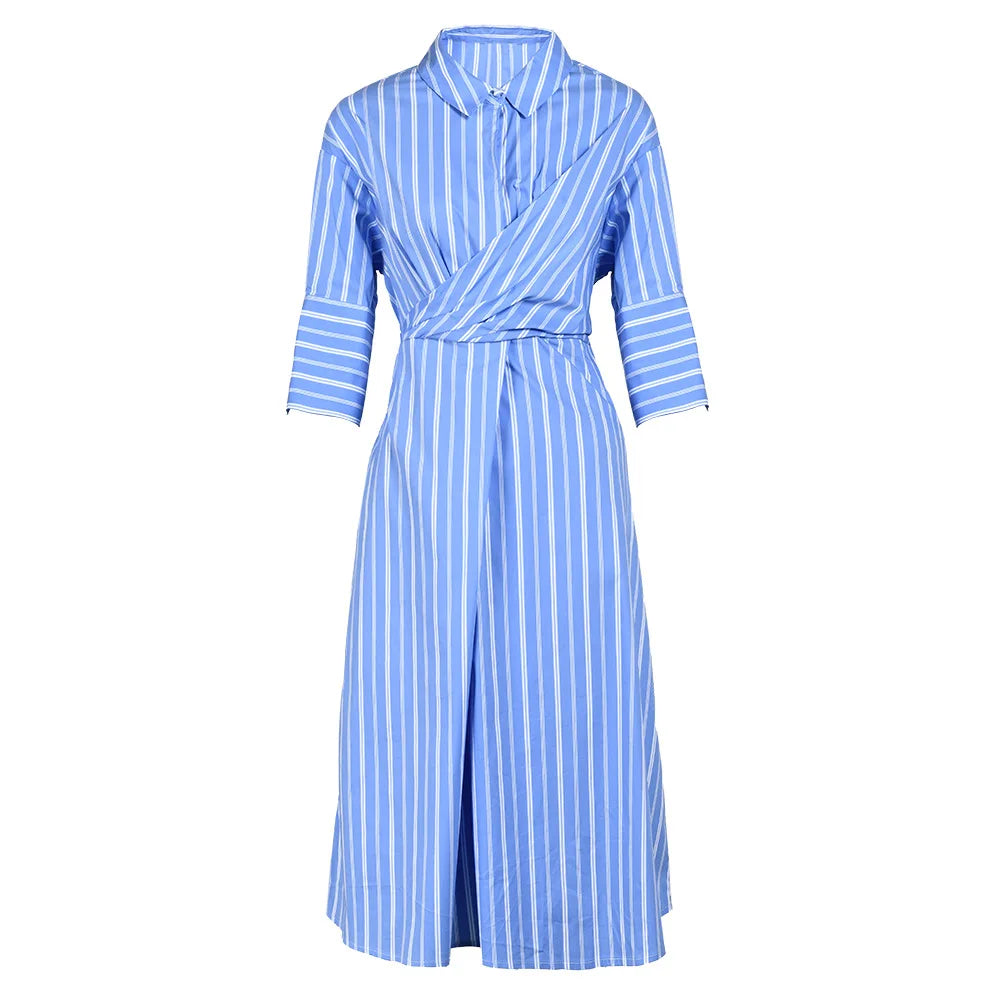 Bettergirl French Temperament Bow Lace-up Striped Skirt Autumn New Pleated Waist With Trousers Over the Knee Dress