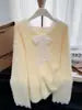 Ladies Casual V Neck Long Sleeve Mohair Lace Sweater Front Logo Patchwork Design Loose Fit