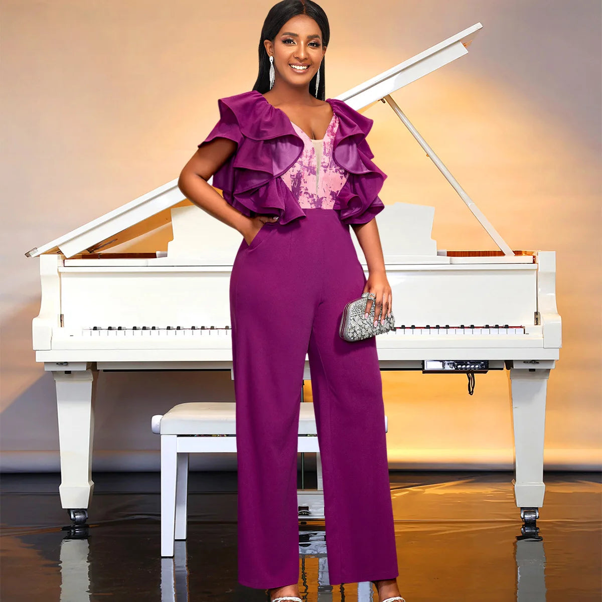 African Summer Low Cut Backless Jumpsuit Plus Size 4Xl Party Style Purple Wide Leg Pants Jumpsuit Body Suit