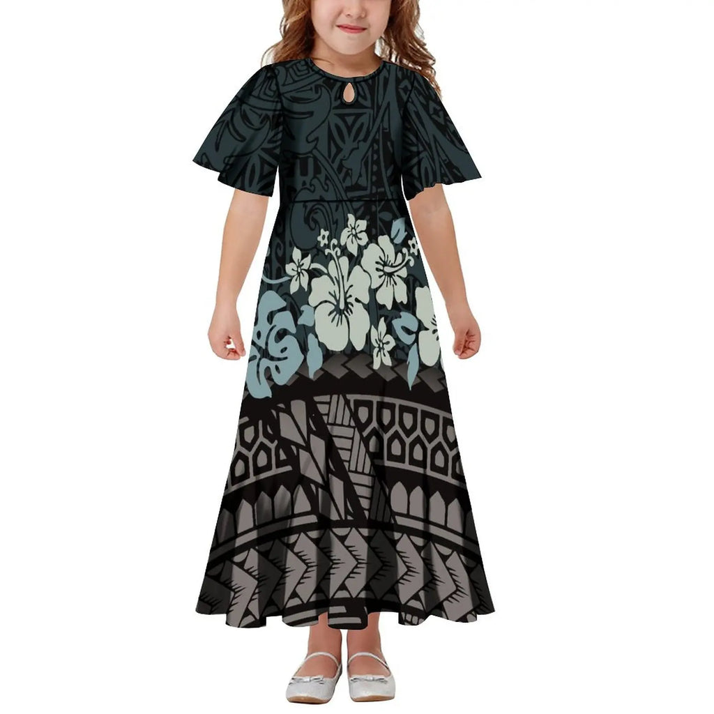 New Hawaiian Style Drop Collar Design Baby Girls Long Dress Children Size in Dresses Fit Flare Toddle Girls Dresses for Kids