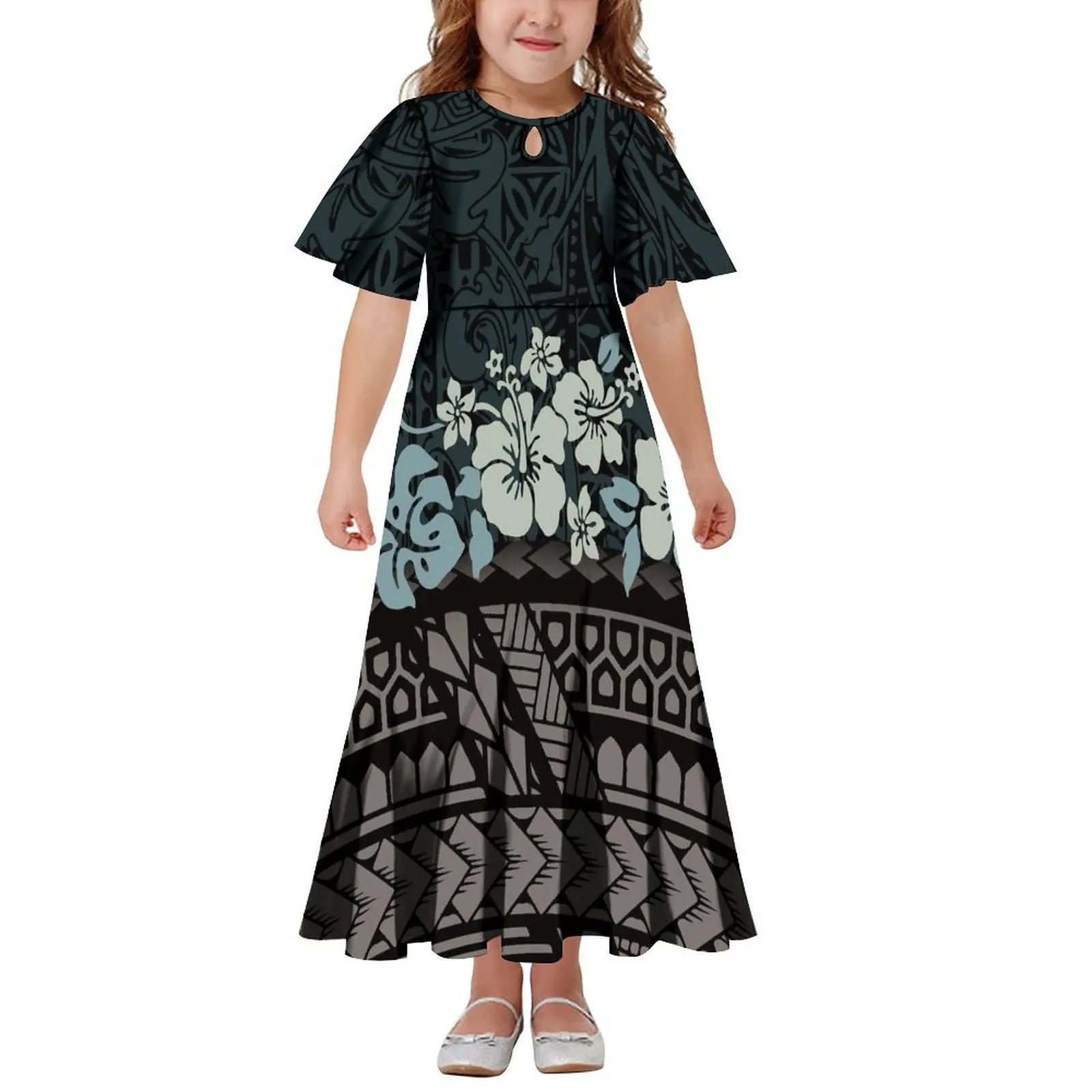 New Hawaiian Style Drop Collar Design Baby Girls Long Dress Children Size in Dresses Fit Flare Toddle Girls Dresses for Kids