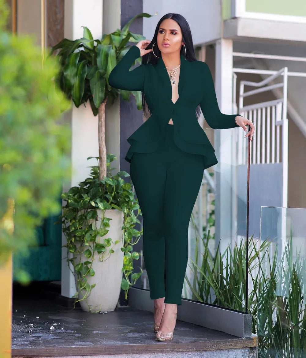 New 2025 Women Long Sleeve Solid Ruffles Design Top & Skinny Pencil Pant Sets Two Piece Set Women Outfits
