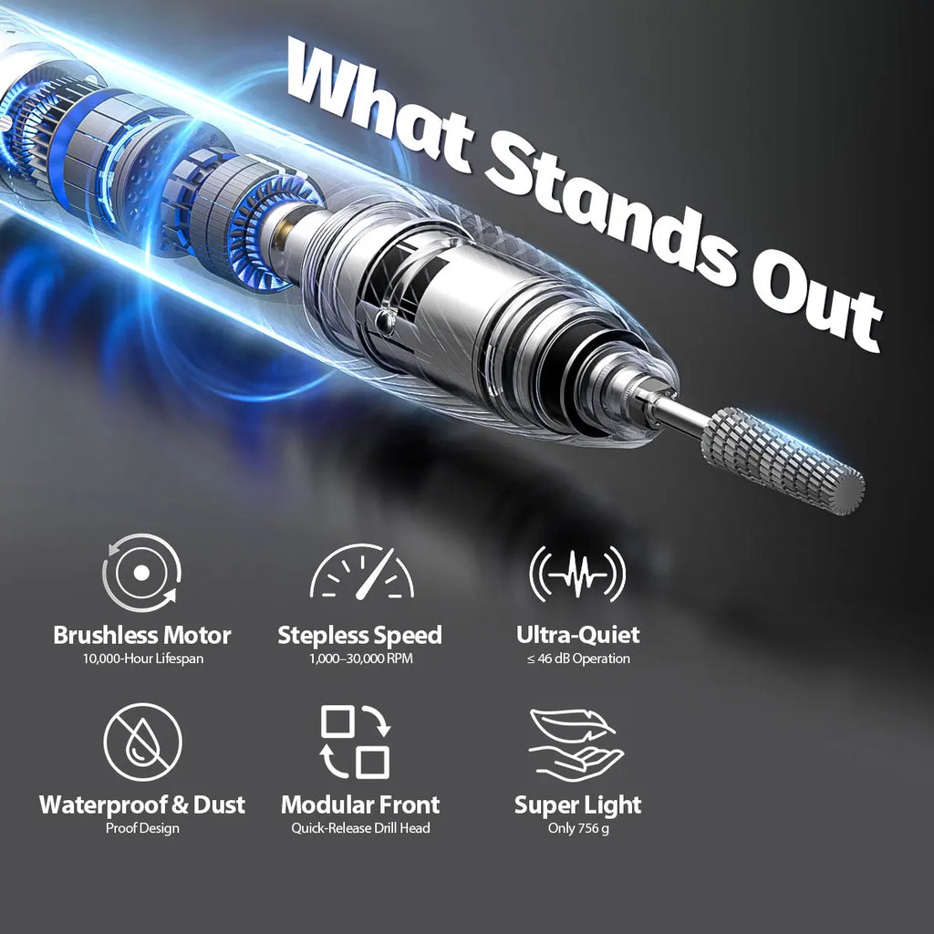 30000RPM Brushless Nail Drill-Waterproof Dustproof Machine Portable Rechargeable Nail Drill for Salon Use OEM Wholesale Supplier