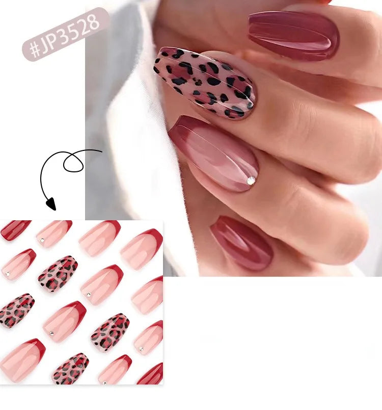 24 Pcs French Autumn/Winter New Arrival: Red Leopard Print Acrylic Press on Nails Customize False Nails 3528