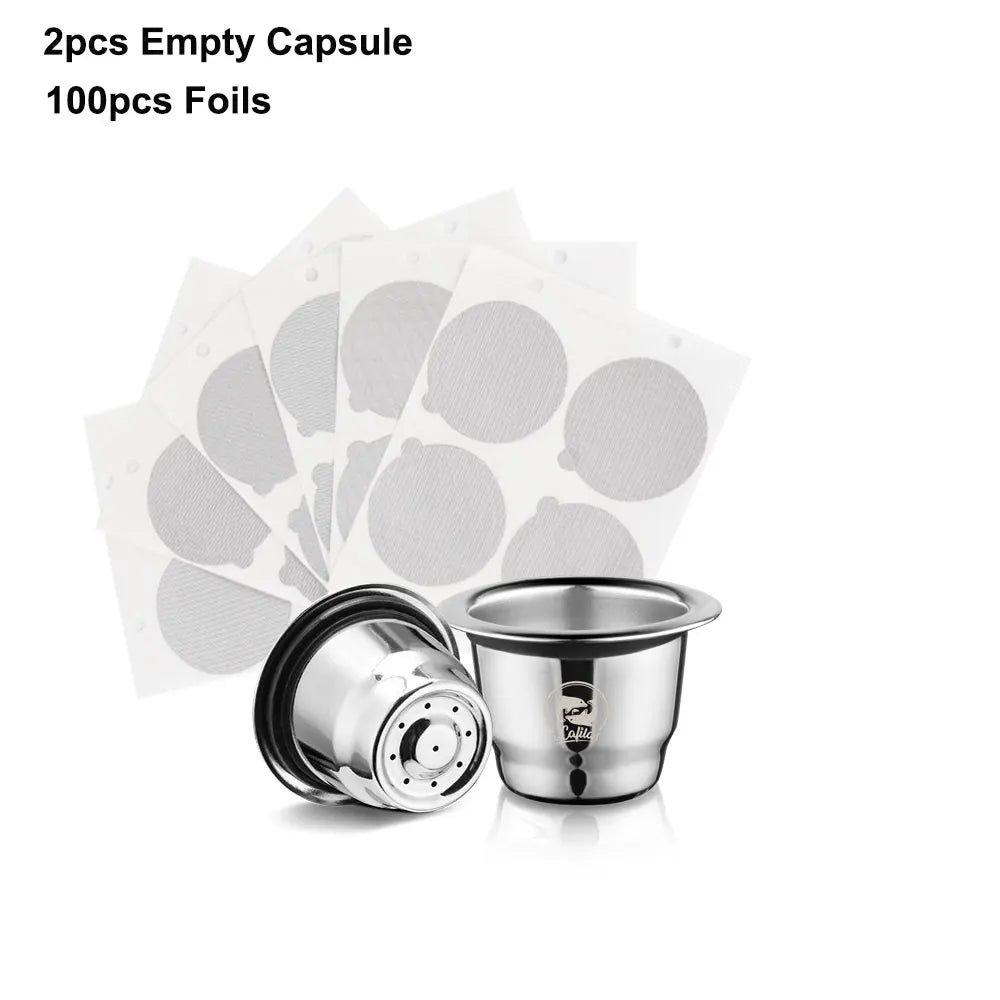 Icafilar Reusable Coffee Capsule Pod for Nespresso Stainless Steel Espresso Crema Coffee Filter Aluminum Foils Lid Tamper Dosing