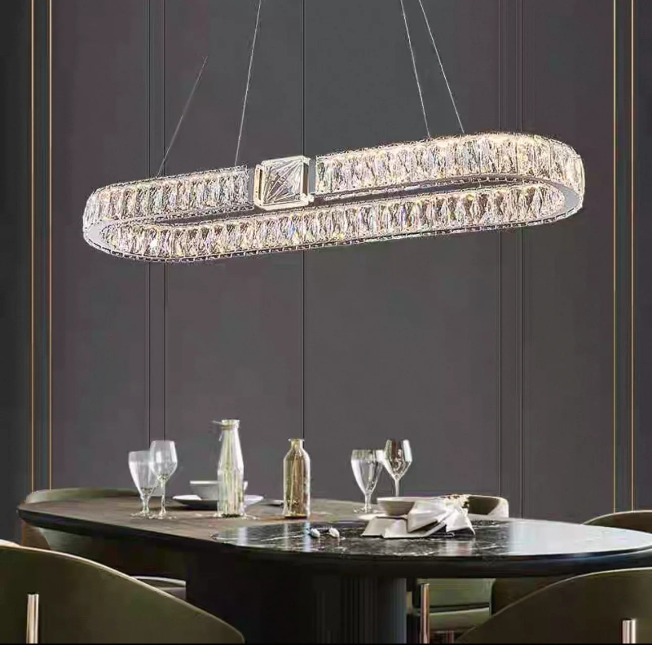 Circular ceiling light, living room stainless steel high adjustable crystal ring pendant light