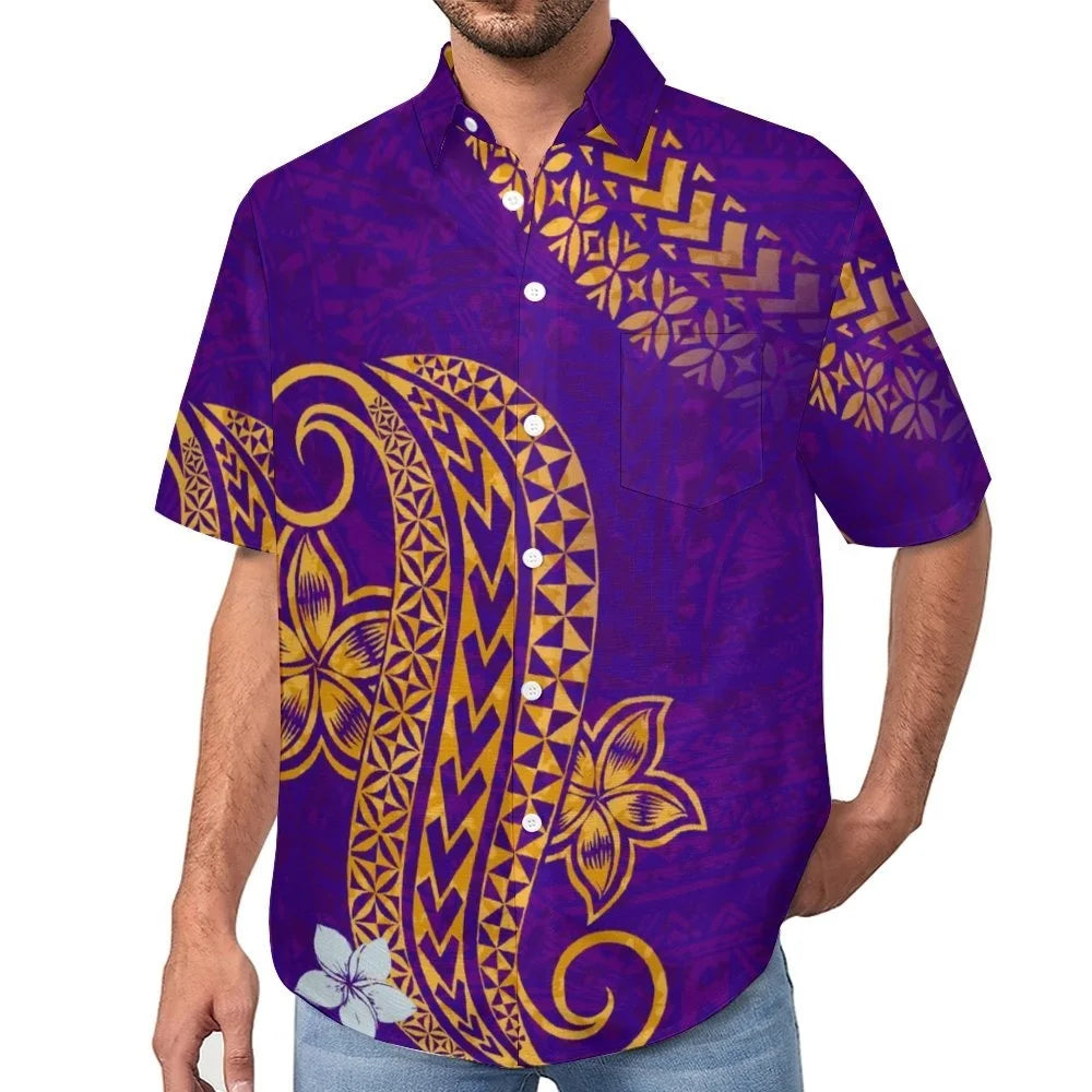 High Quality Samoan Short Sleeve Casual Hawaii Style Men's Shirts Tops Custom Printed Big Size Polynesian Tribal Aloha Shirts