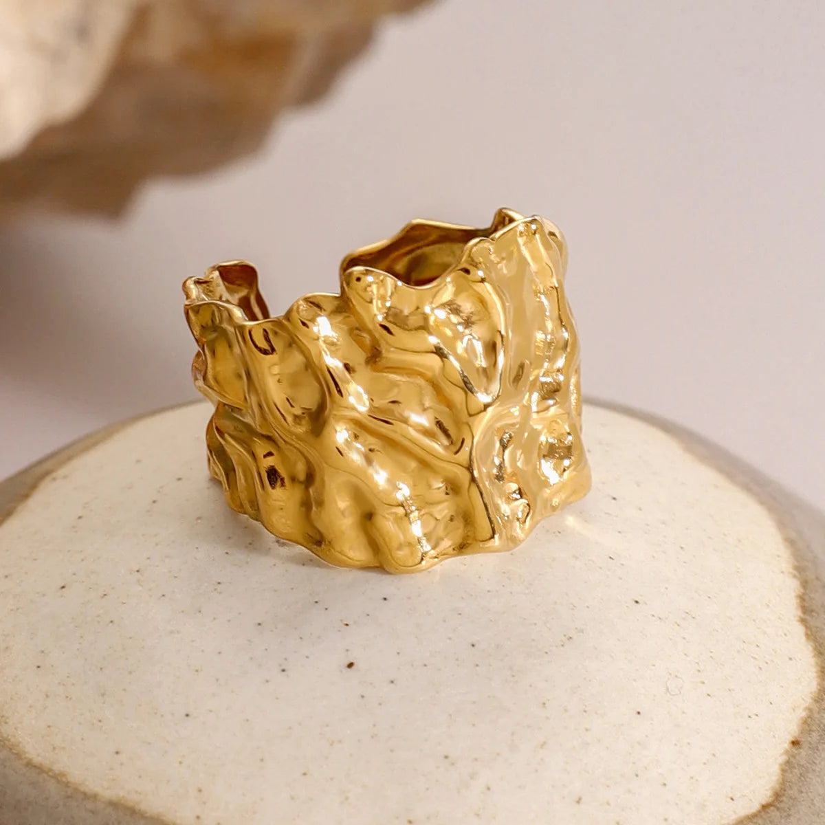 New Design Ring 18K PVD Gold Plated Stainless Steel Hammered Wide Open Rings for Women