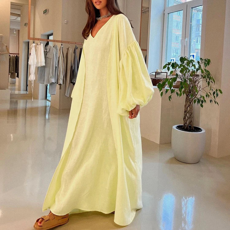 Plain Cotton Linen Women's Two-Piece Set V Neck Tank Dress And Belted Puff Sleeve Abaya Musulmane Ensembles Robe Pour Femmes