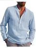 Men's Cotton Linen Casual Long Sleeve T-Shirt Plus Size Stand Collar Streetwear for Autumn Vacation & Fishing Pocket Detail