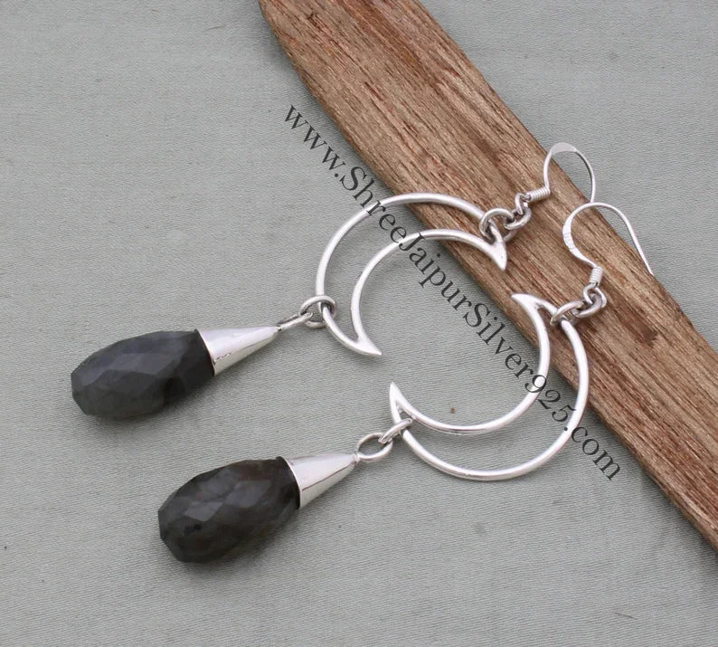 Handmade 925 Sterling Silver Labradorite Teardrop Hoop Earrings for Women Rhodium Plated Minimalist Bezel Setting Wedding Fine