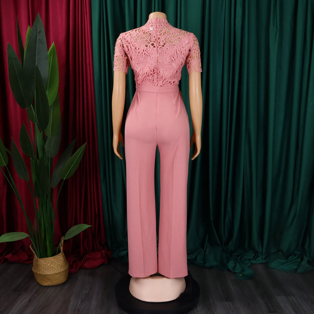 D509 Latest Design Sexy Lace Jumpsuit for Women Hollow Out Short Sleeve Tie up High Waist Wide Leg Jumpsuits for Ladies
