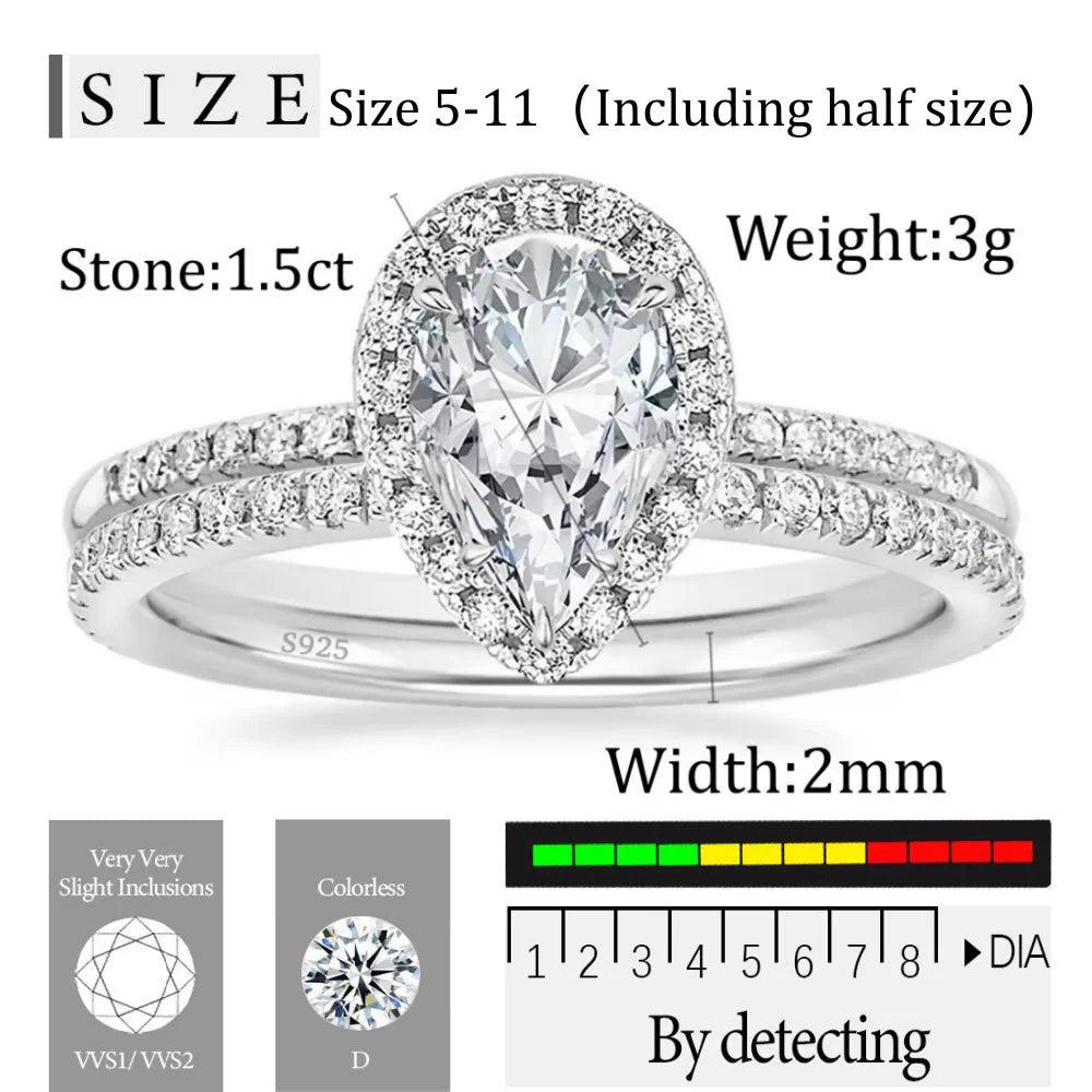 OAHLAN Luxury Fashion Female Jewelry 1.5 Carat Pear Cut 925 Sterling Silver Bridal Set Moissanite Rings for Women Wedding