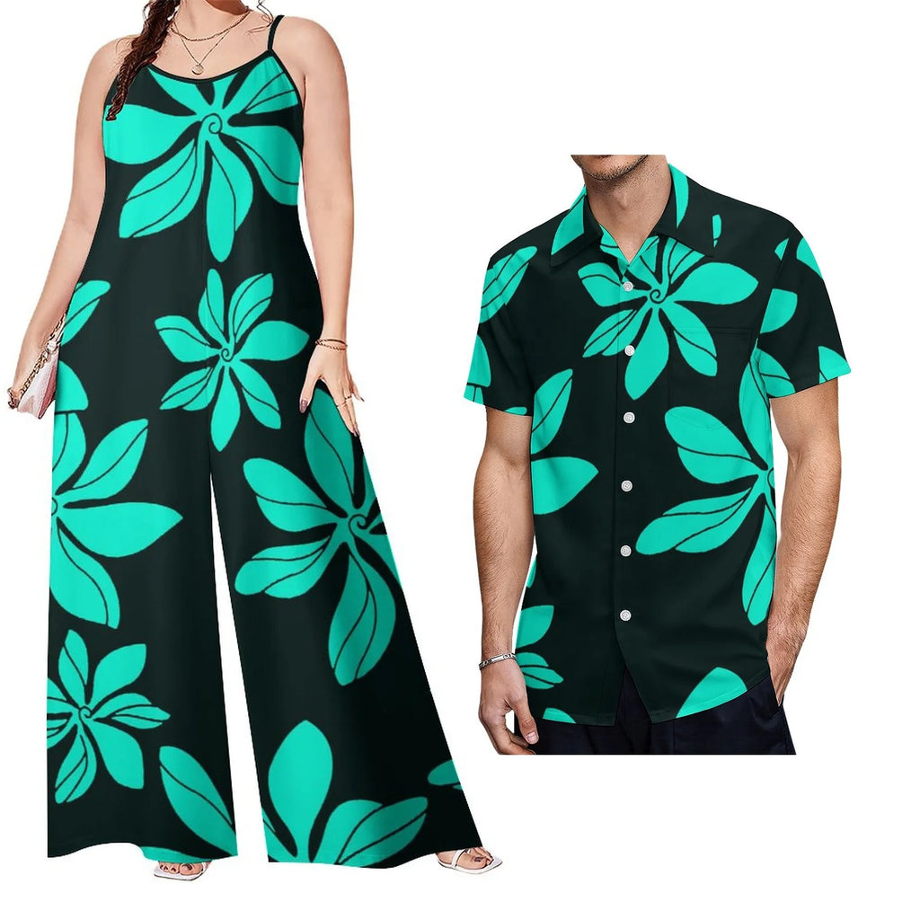 Custom on Demand Set of Couples Hawaiian Tropical Floral Big Size Shirt and Casual Women Halter Rompers Polynesian Couple Suit