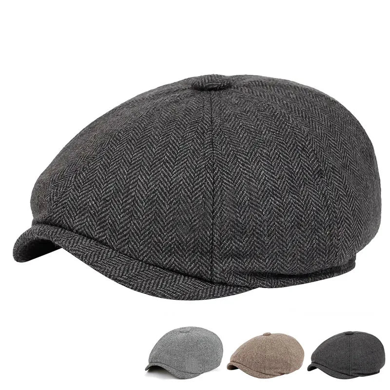 Autumn Winter Male Cotton Beret Cap Thick Tweed Design Earflaps Flat Cap Ivy Adjustable Hat Berets for Men Warm Dress