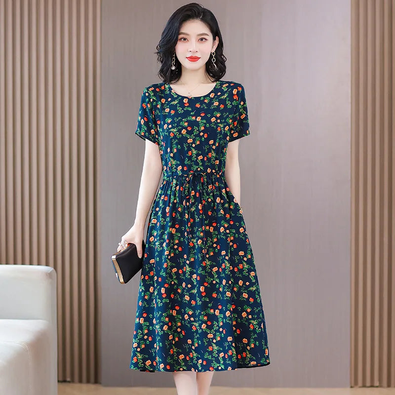 Women Floral Printed Summer Dresses O-neck Short Sleeve Fashion Printing Women's Simple Flower A-line Casual Dress