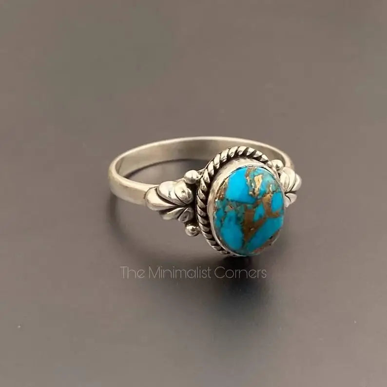 925 Sterling Silver Blue Turquoise Ring Unisex Classic Bezel Set Rhodium Plated Wedding & Party Jewelry Best Price Wholesale