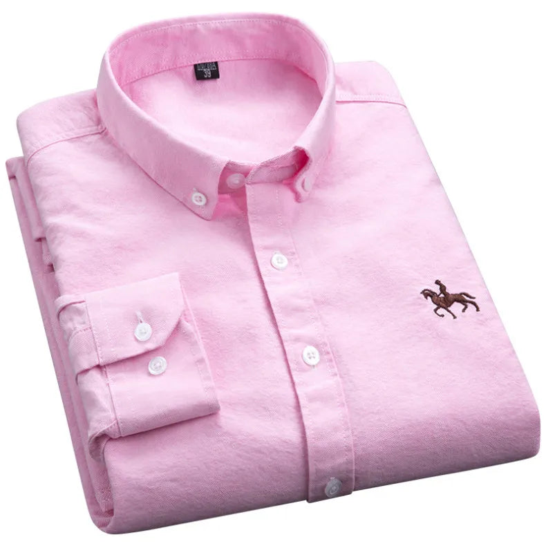 S-6XL Oxford Shirts for Men Long Sleeve Pure Cotton Solid Stripe Leisure Embroidered Horse Streetwear Business Plain Office 6XL