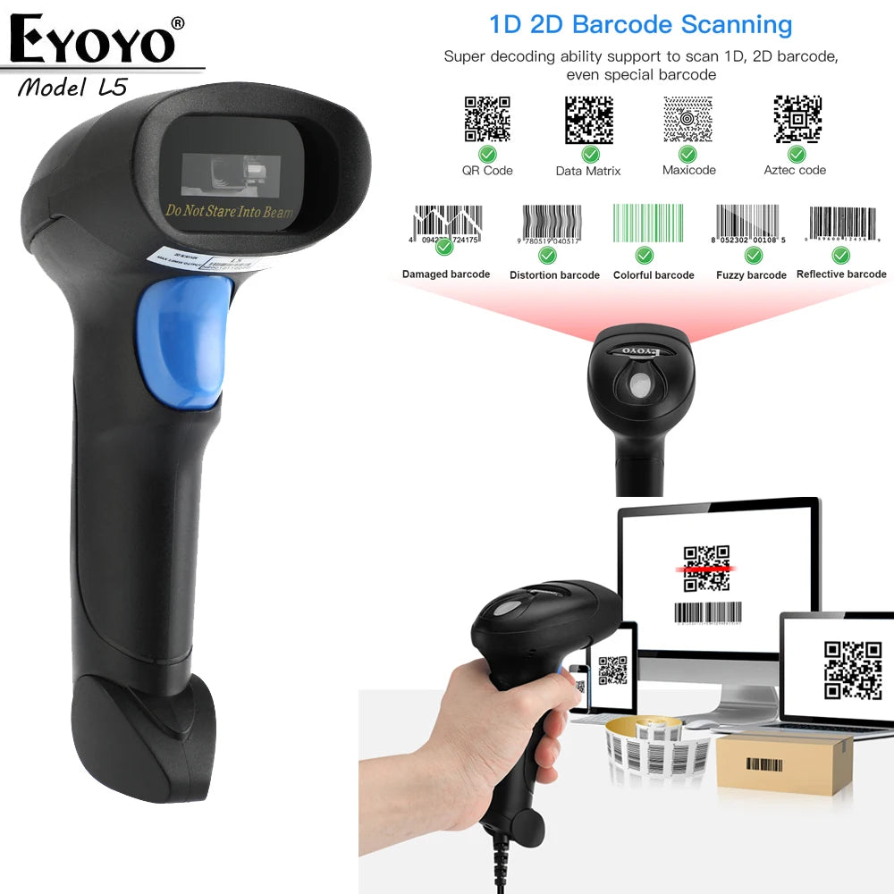 Eyoyo Wired QR 2D Barcode Scanner Handheld USB Wired Bar Codes Reader CCD Data Matrix Bar Code Image Automatic Scanner BARCOD