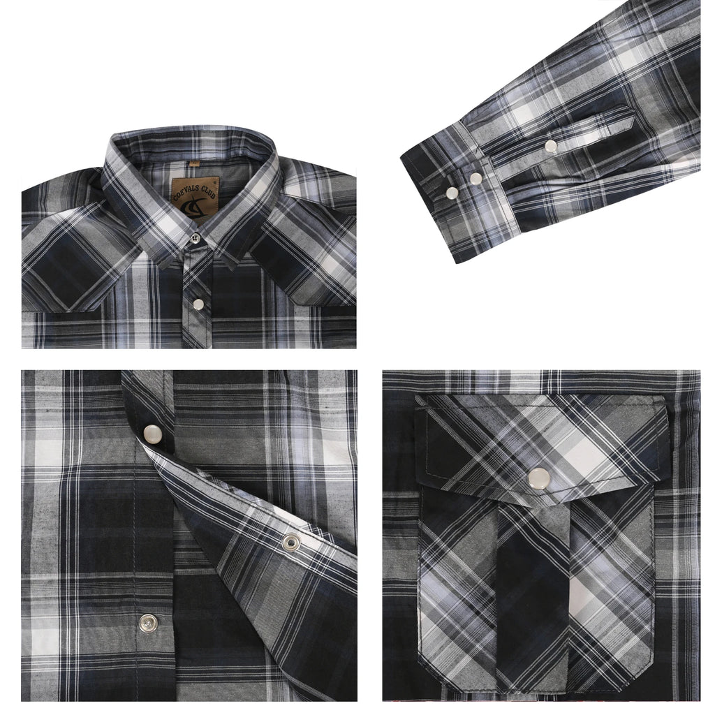 Men's Western Cowboy Long Sleeve Pearl Snap Casual Plaid Work Shirts