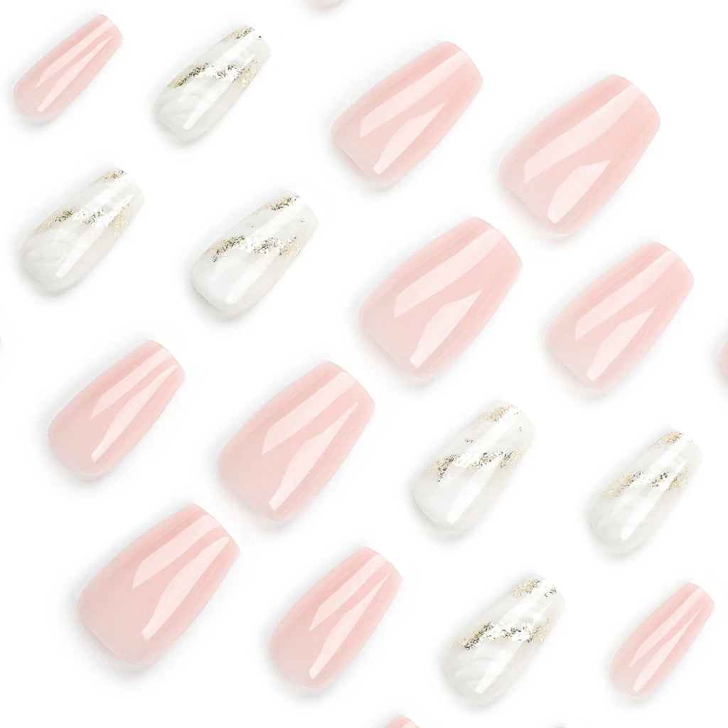 24 Pcs Pink and White Ombre with Gold Glitter Accent Nail Design Acrylic Press on Nails Artificial Fingernails False Nails 3224