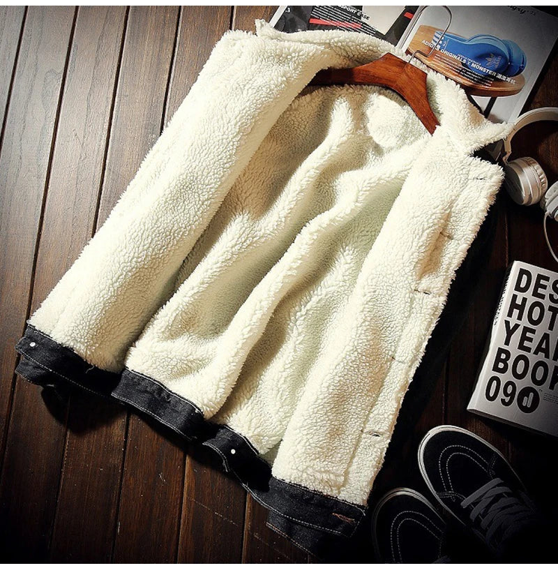 Men's Winter Warm Berber Fleece Denim Jacket Slim Fit Thicken Coat Outerwear Black Blue