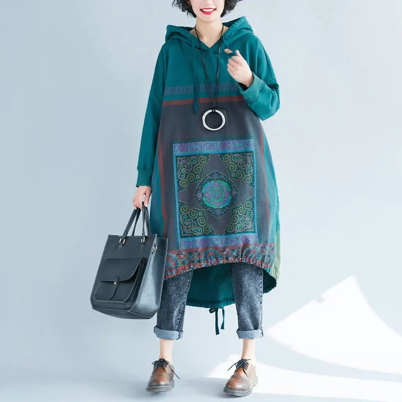 Plus Size Women's Winter Hoodie Sweatshirt Dress Drop-Shoulder Sleeves Oversized Print Pocket Trendy Hooded Pullover
