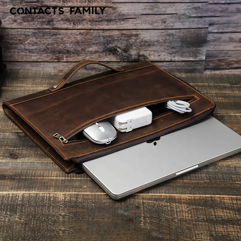 Premium 14 Inch Genuine Leather Laptop Sleeve for Macbook Pro 2021 Customizable Size & Logo CONTACTS FAMILY Brand