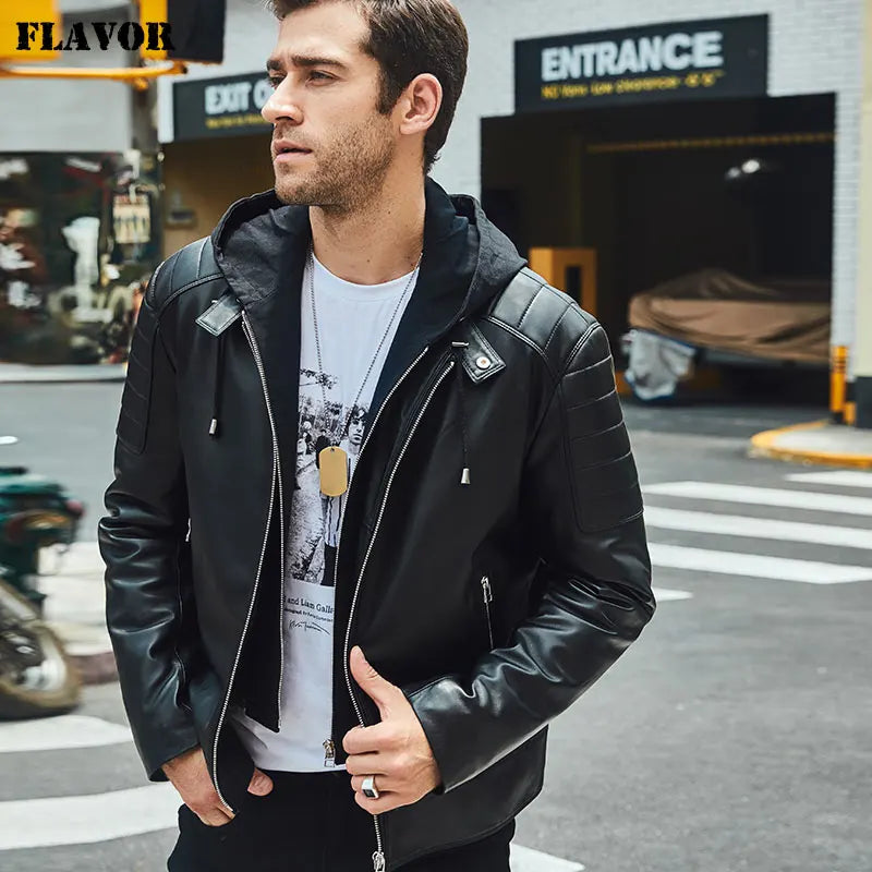 FLAVOR Men's Leather Motorcycle Jacket Black Sheepskin Real Leather Jacket With Removable Hood