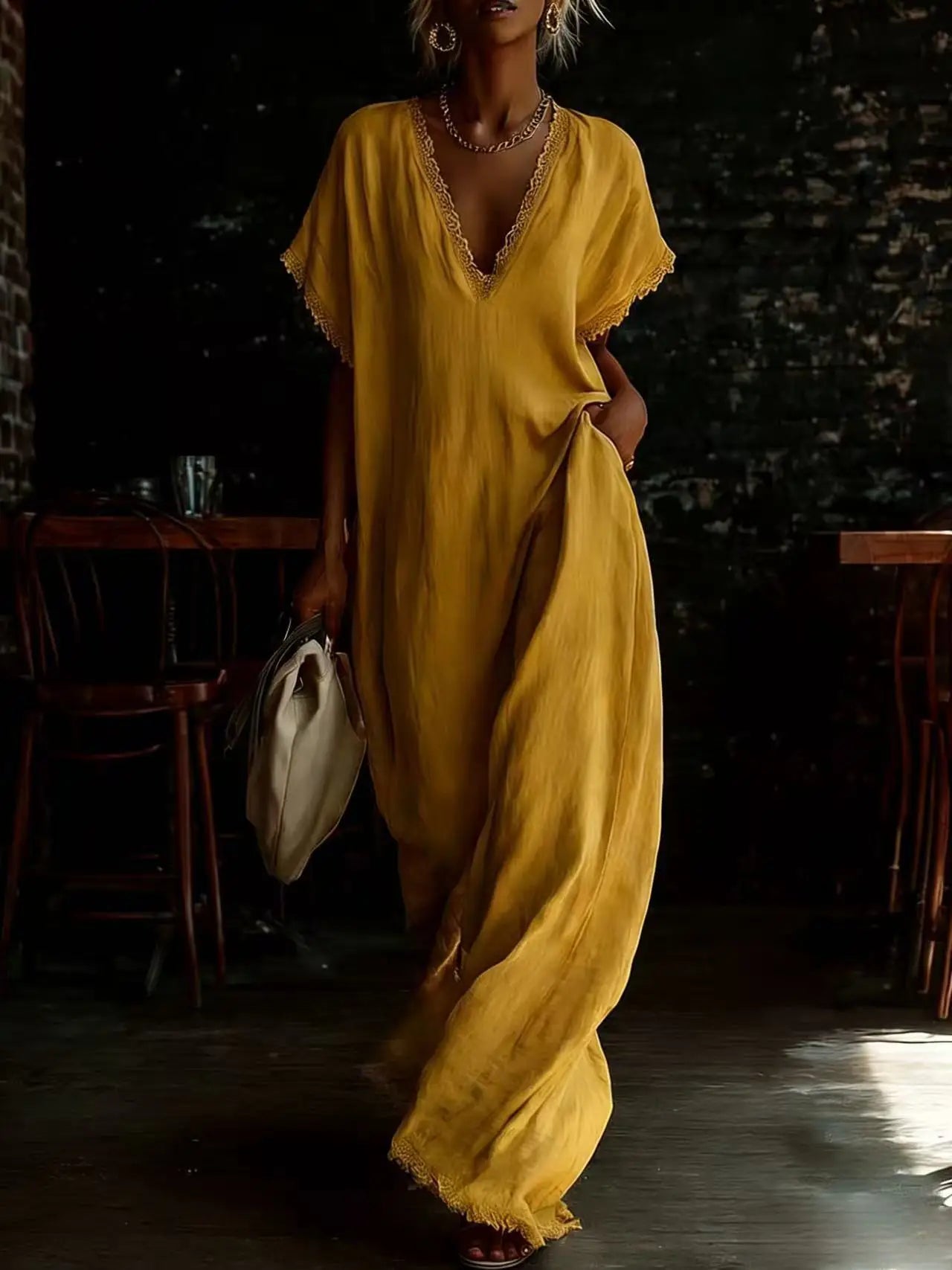Large-size European Casual Elegant Comfortable Straight Summer Solid Natural Waist Worsted Lace-edge Loose Floor-Length Dress