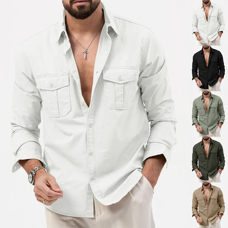 Spring Summer New European and American Men's Solid Color Shirt Multi-pocket Casual Long-sleeved Shirt