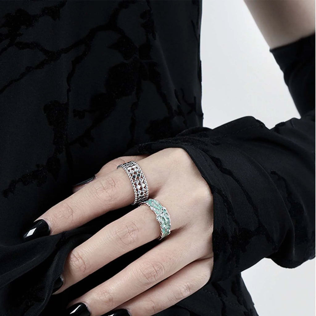 FUAMAY Fashion Designer 925 Sterling Silver Wide Ring Irregular Grain Mint Green  Enameled Rings