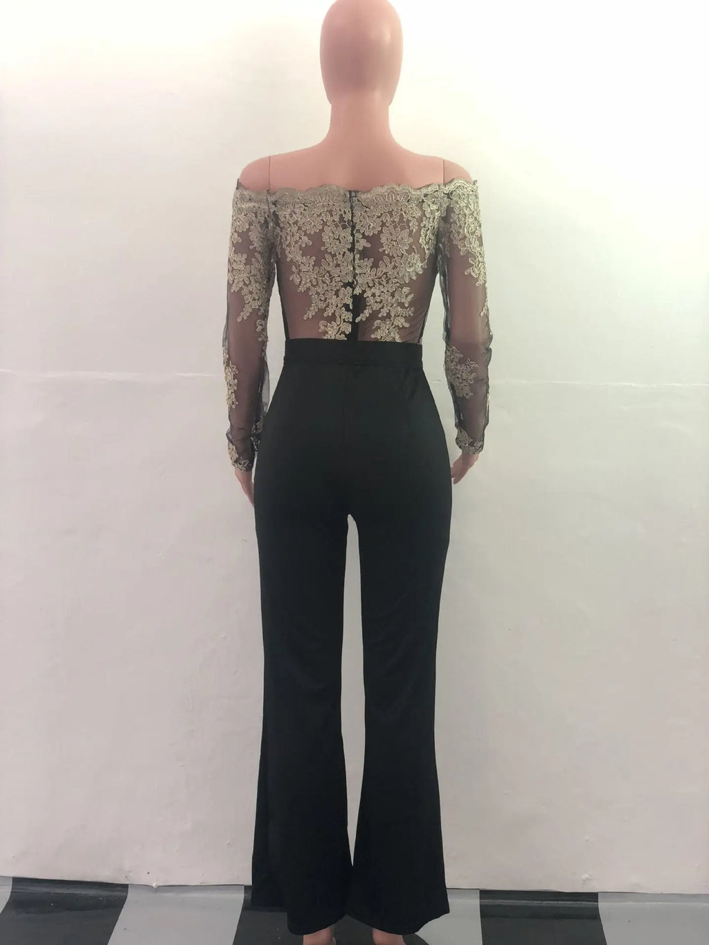 OEM ODM Women Clothing Elegant Overalls Off Shoulder Slash Neck Embroidery Lace Office Casual Jumpsuit