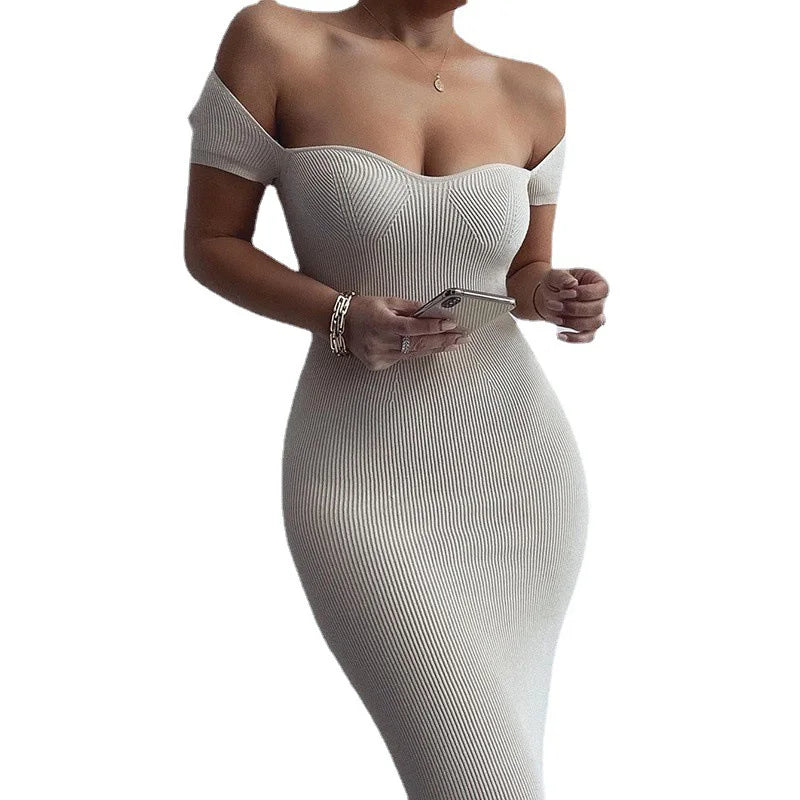 RNSHANGER Elegant Slim Rib Women Dress Casual Slash Neck Summer Long Dresses Sexy Solid Black Evening Clubwear Fashion Dresses