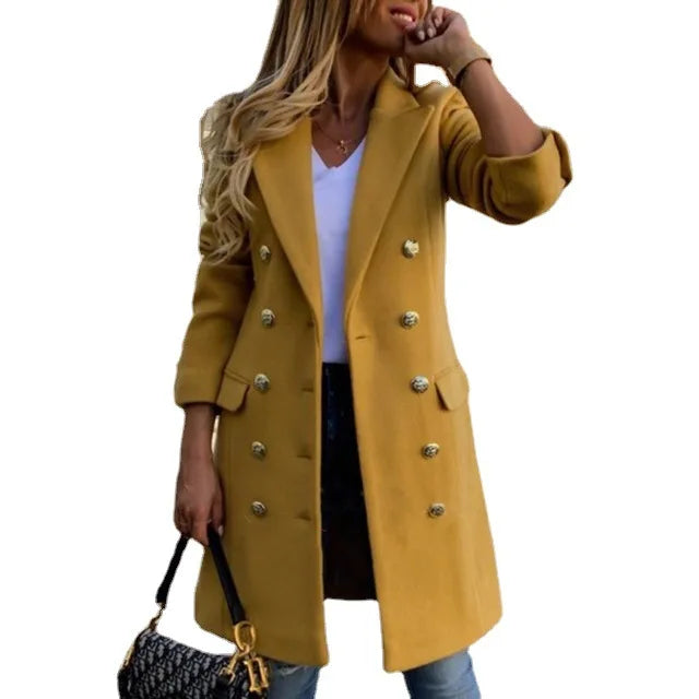 S-3XL Autumn and Winter Woolen Coat Ladies Woolen Coat Lapel Long Sleeve Double Breasted Coat Wholesale