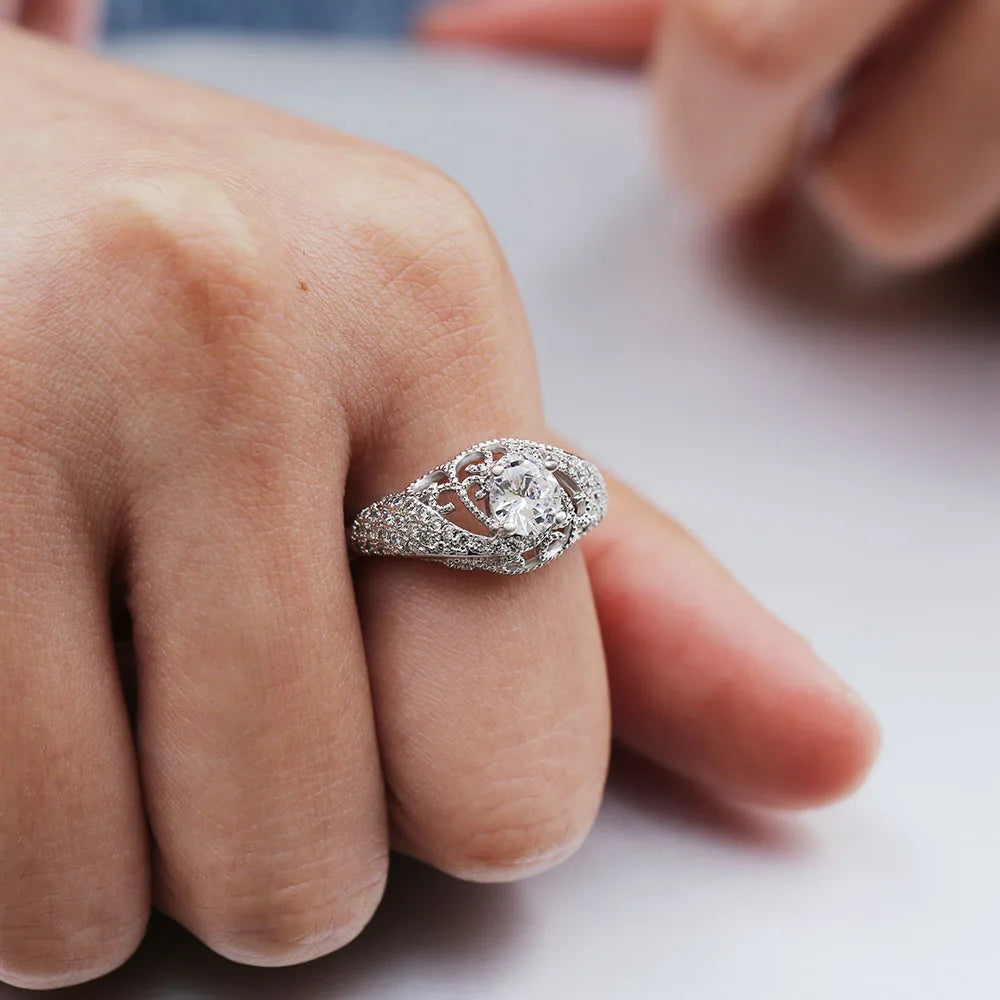 Embossed Pattern Flower Shape Precious Metal Alloy Romantic Ring for Women Fashion Finger Jewelry Gift