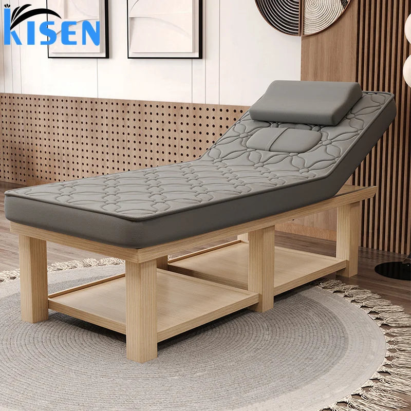 Kisen Hight Quality Beauty Salon Furniture Wooden Facial Latex Bed Fashion Designs Body Massage Table Beauty Bed for Sale