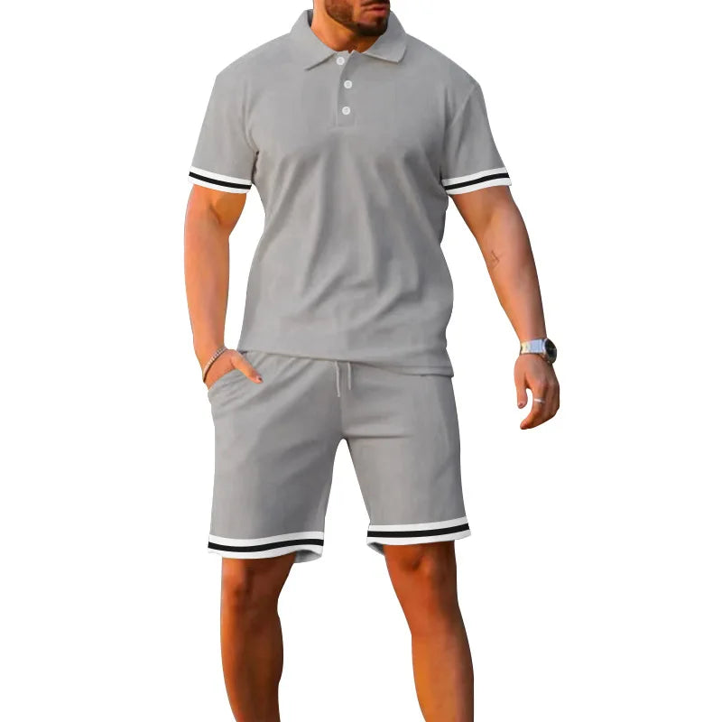 2024 Hot Sale Summer Men Short Sleeve Top + Short  Pants Turn Down Collar Solid Color Loose Casual Two Piece Suits