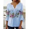 2024 Spring Summer New Fashion Women's Casual Floral Print V-Neck Elegant T-Shirt Full Sleeved Pleated Button T-shirt