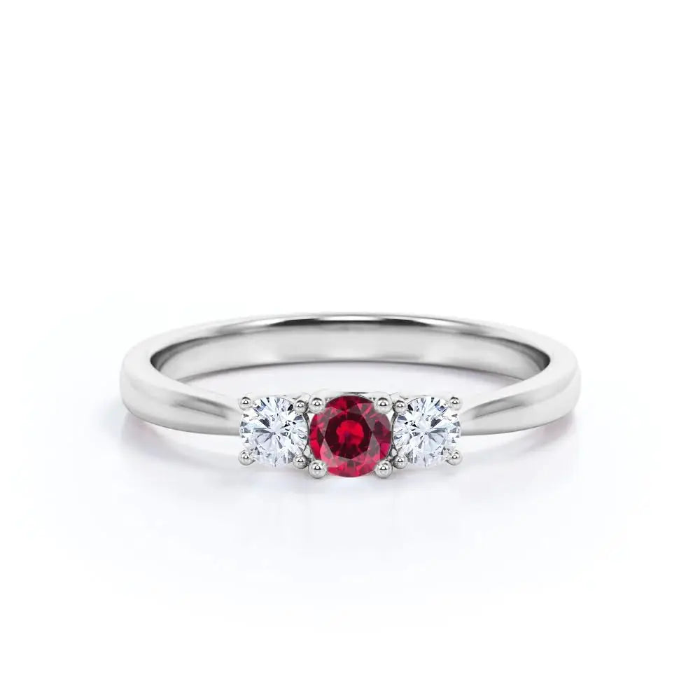 925 Sterling Silver Rhodium Plated Lab Created Ruby 0.7 Carat Cut Classic Three-Stone Certified Prong Set Engagement Ring