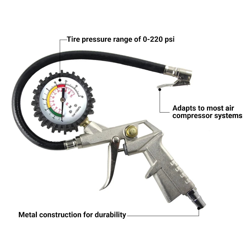 Pneumatic Part Tools Straight Chuck 0-220 psi Analog Truck Air Tire Pressure Gauge with Flexible Hose