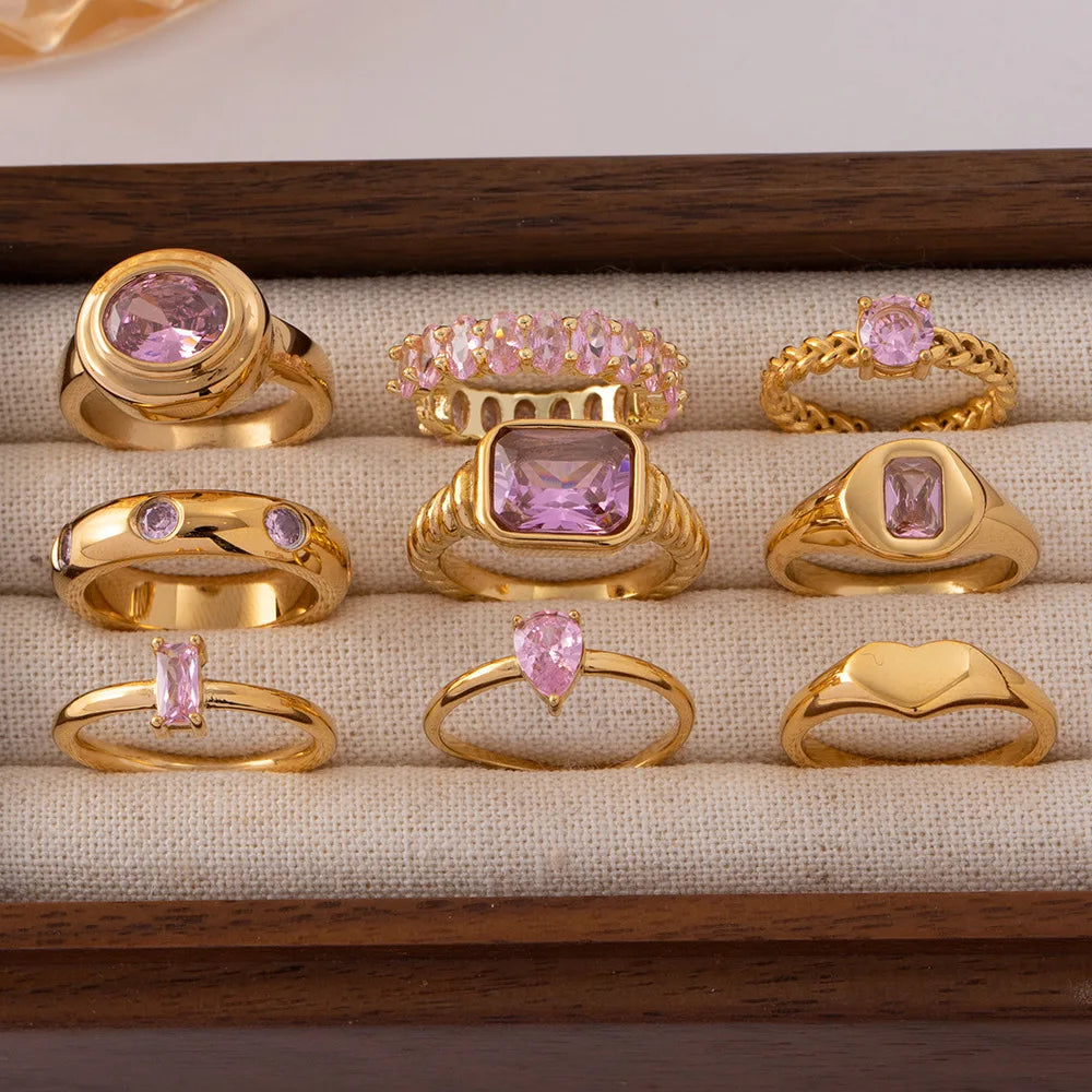 RFJEWEL Shiny Stainless Steel Gold Plated Rings with CZ Stones Adjustable Rings Pink Stone Simple Rings