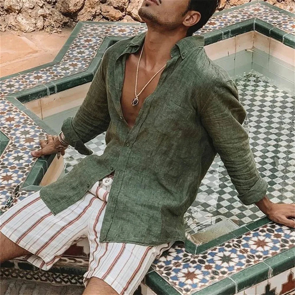 2026 Men Casual Cotton Linen ShirtsStanding Collar Male Solid Color Long Sleeves Loose Tops Spring Autumn Handsome Men's Shirts