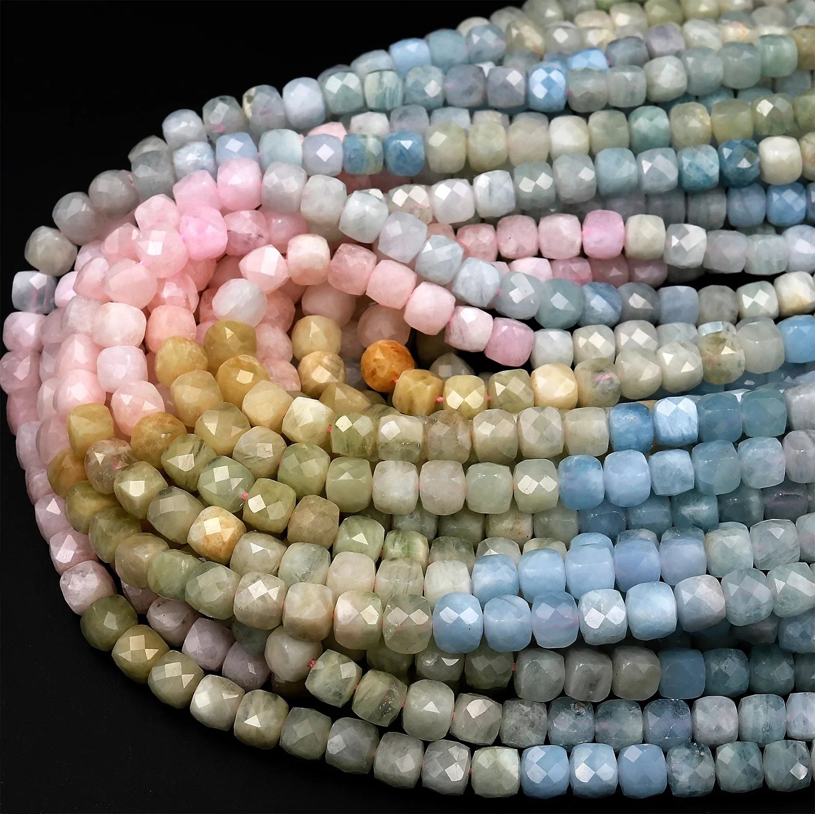 Great Gems Natural Multicolor Blue Aquamarine Pink Morganite Faceted 4mm 6mm Brilliant Cut Ball Beads Casual Unisex Necklace