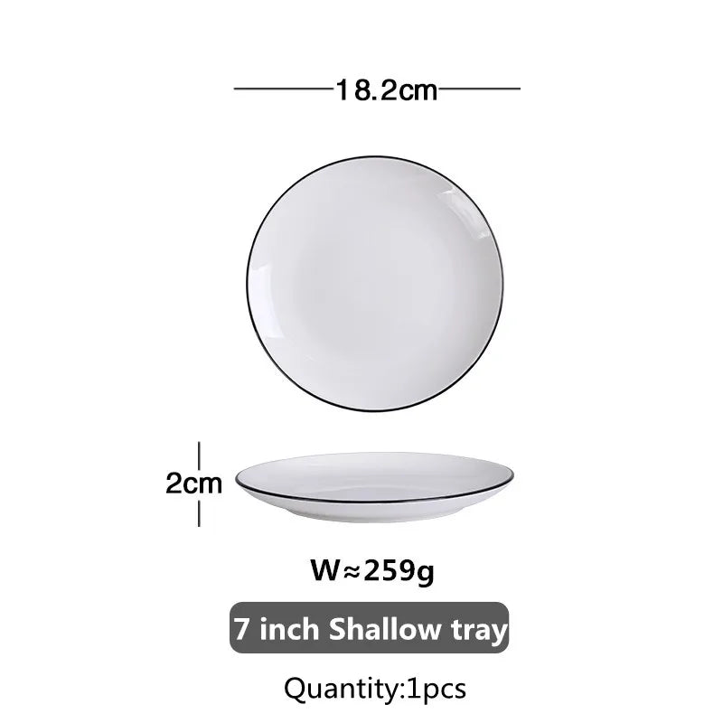 Black Rim White Ceramic Dinner Tray, Kitchen Plate, Tableware, Food Dishes, Soup Bowl,  Kitchen Cook Tool, 1 Piece Sale