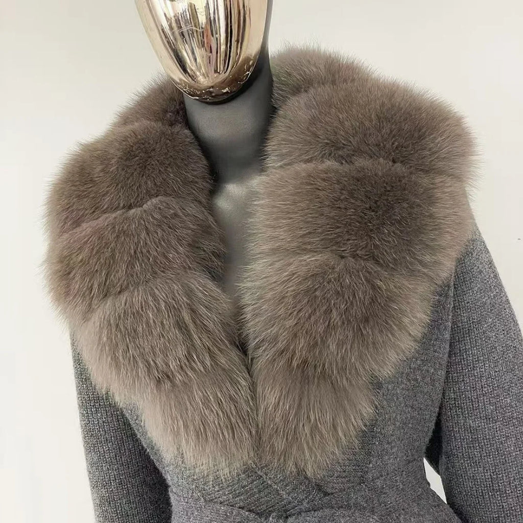 Women's New Spring Fashion Soft Midi Fox Fur Collar Knitted Cardigan Sweater Coat Casual Outerwear for Winter