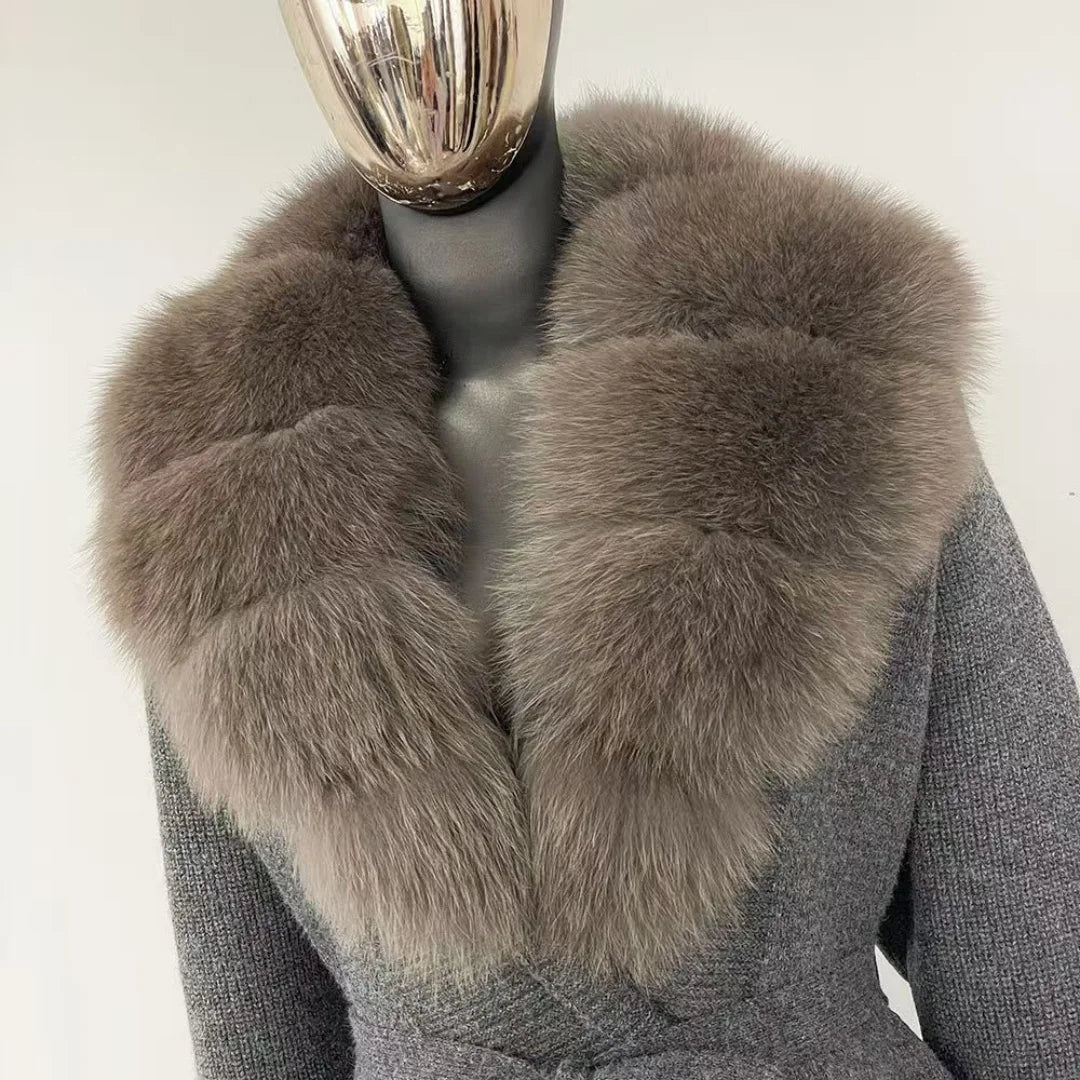 Women's New Spring Fashion Soft Midi Fox Fur Collar Knitted Cardigan Sweater Coat Casual Outerwear for Winter