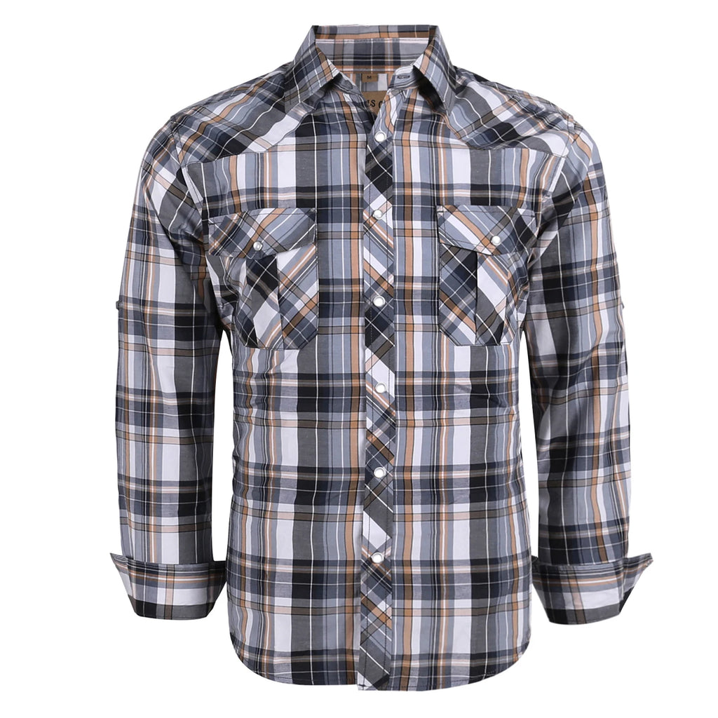 Men's Western Cowboy Long Sleeve Pearl Snap Casual Plaid Work Shirts