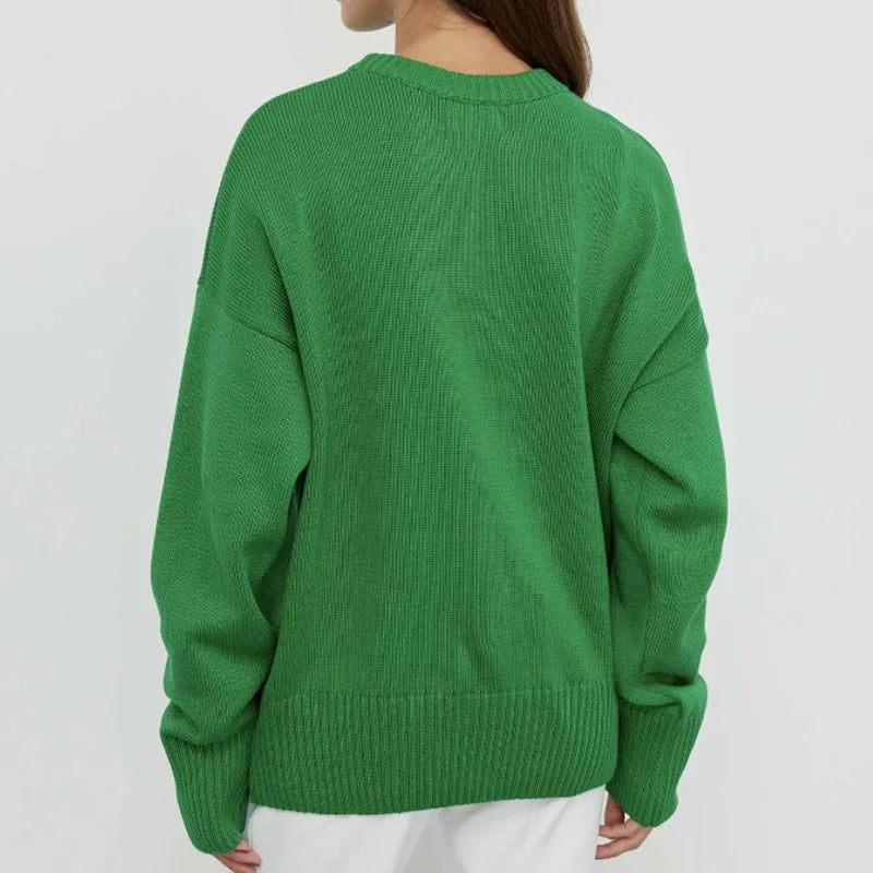 Women's Autumn New Crew Neck Solid Sweater Loose Long Sleeve Knitted Casual Pullover Versatile Top for Winter