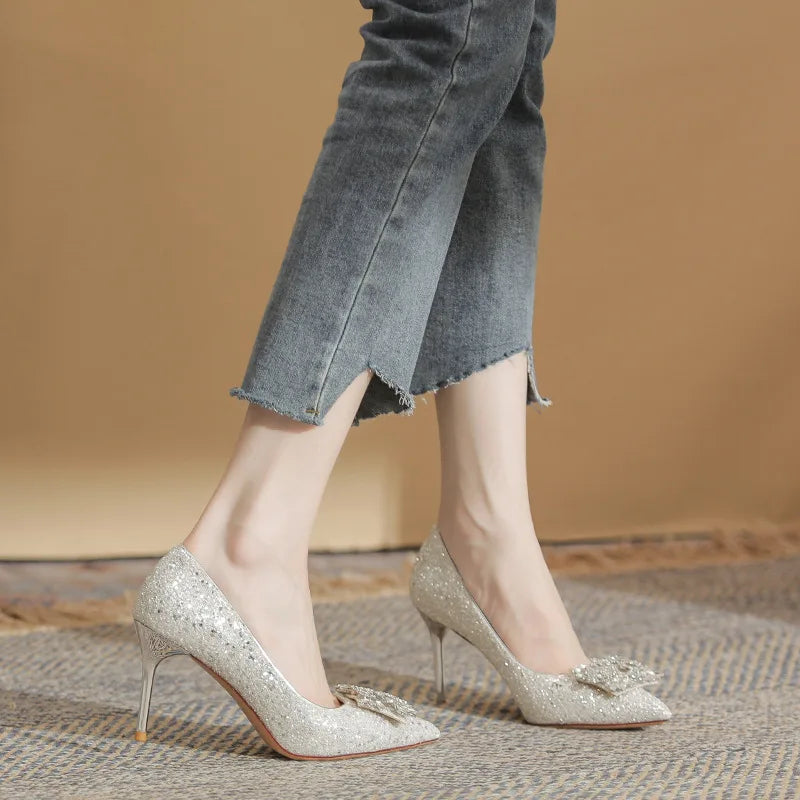 6681-15 Solid Bridal Pumps Pointed Toe Stiletto Heel Glitter Rhinestone Wedding Shoes Women's Elegant Party Shoes